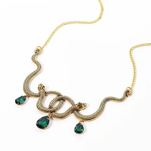 Anthro Vintage Inspired Gold Snake Necklace With Green Gemstones - Picture 6 of 14